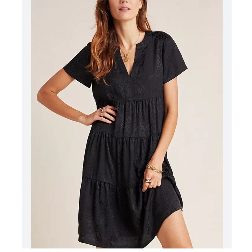 Maeve Anthropologie Black Textured Jacquard Tiered Babydoll Knee Length Dress XL